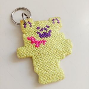 4" Vintage Original Handmade Yellow Grateful Dead Dancing Bear Plastic Canvas Ke